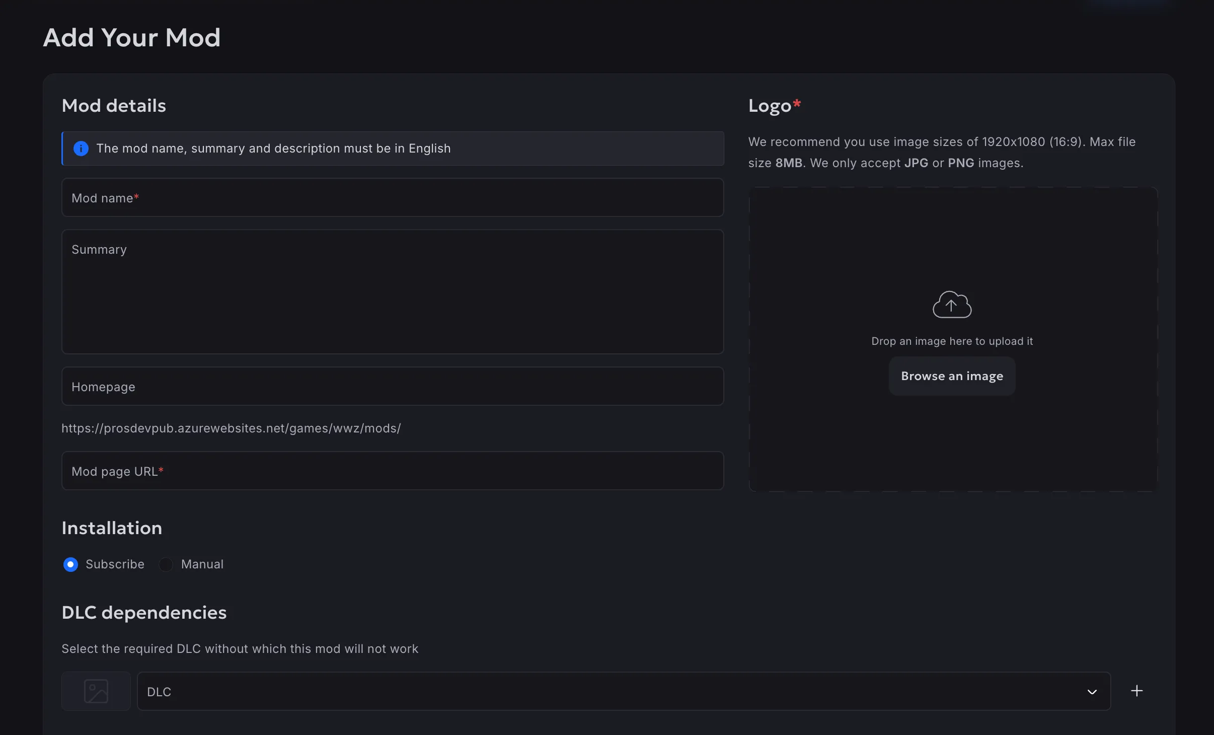 Mod creation with Installation types and DLC dependencies